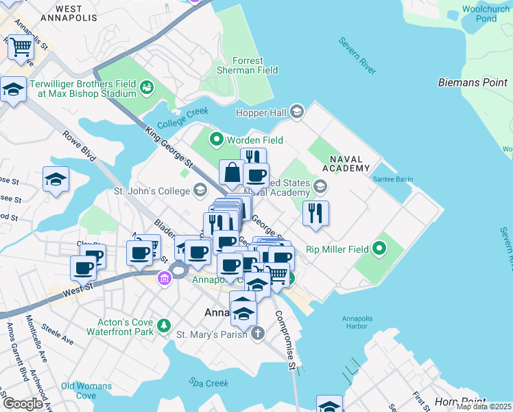 map of restaurants, bars, coffee shops, grocery stores, and more near Maryland Avenue in Annapolis