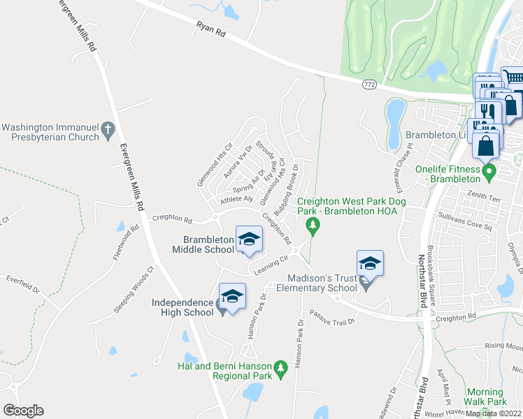 map of restaurants, bars, coffee shops, grocery stores, and more near 42108 Creighton Road in Ashburn
