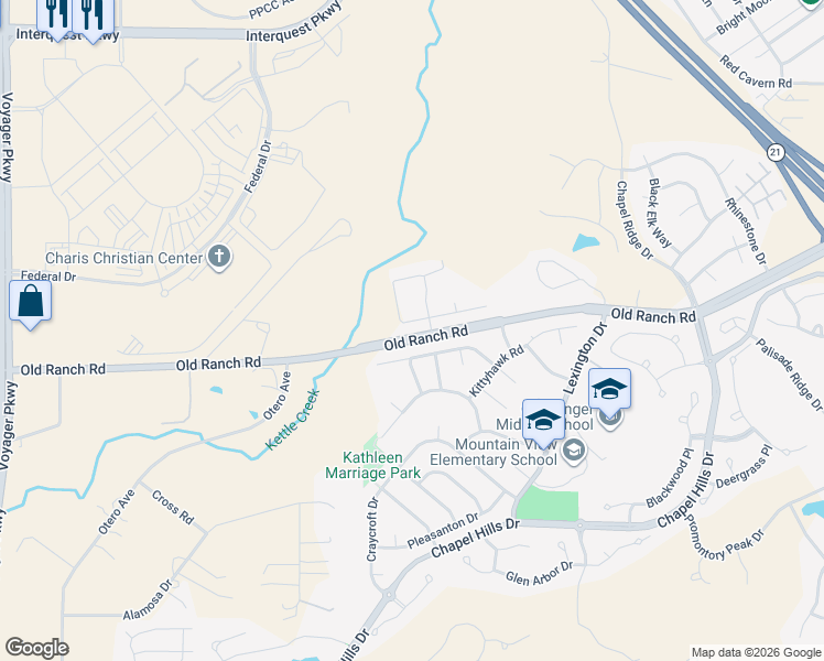 map of restaurants, bars, coffee shops, grocery stores, and more near 10550 Marble Creek Circle in Colorado Springs