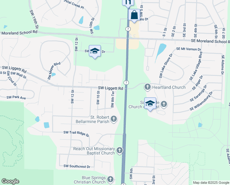 map of restaurants, bars, coffee shops, grocery stores, and more near 2200 Southwest 8th Street Terrace in Blue Springs