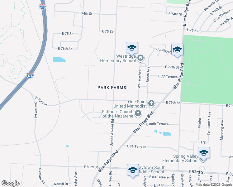 map of restaurants, bars, coffee shops, grocery stores, and more near 7861 James A Reed Road in Kansas City