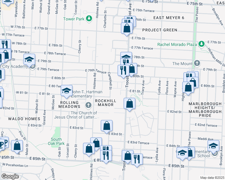 map of restaurants, bars, coffee shops, grocery stores, and more near 8015 Campbell Street in Kansas City