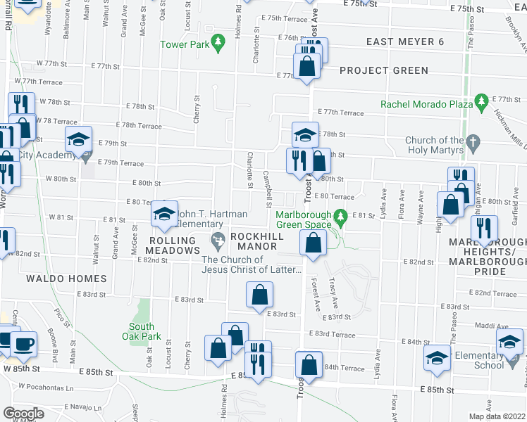 map of restaurants, bars, coffee shops, grocery stores, and more near 8003 Charlotte Street in Kansas City