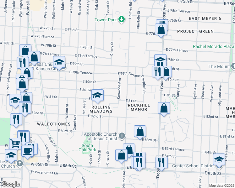 map of restaurants, bars, coffee shops, grocery stores, and more near 447 East 80 Terrace in Kansas City