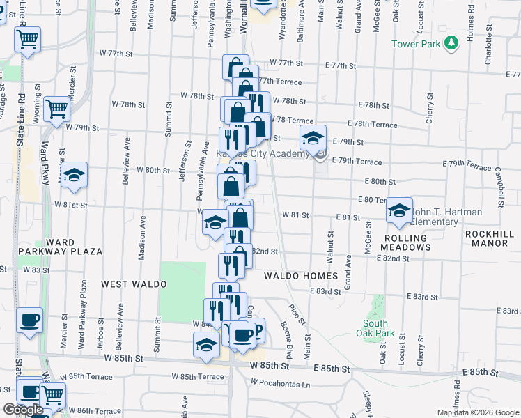 map of restaurants, bars, coffee shops, grocery stores, and more near 217 West 80th Terrace in Kansas City