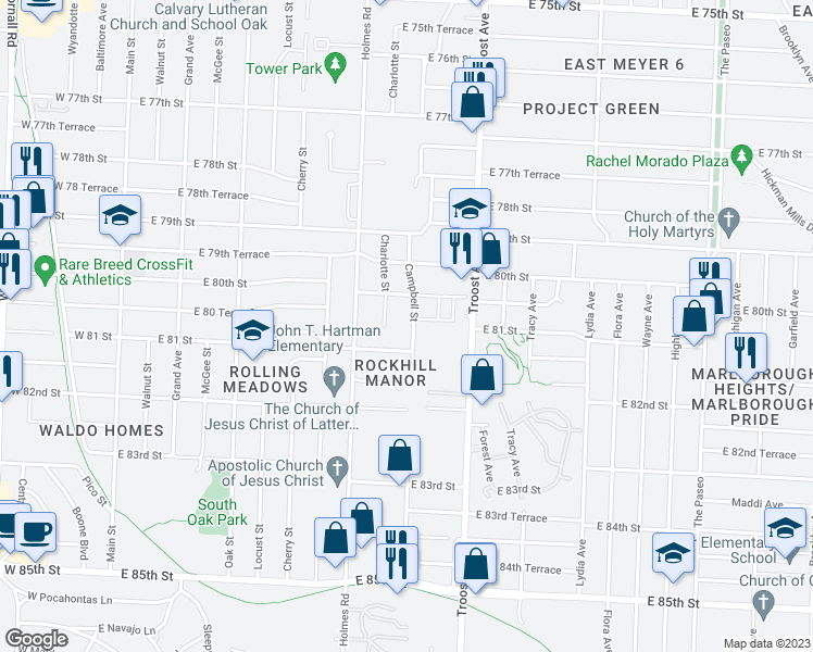 map of restaurants, bars, coffee shops, grocery stores, and more near 8020 Campbell Street in Kansas City