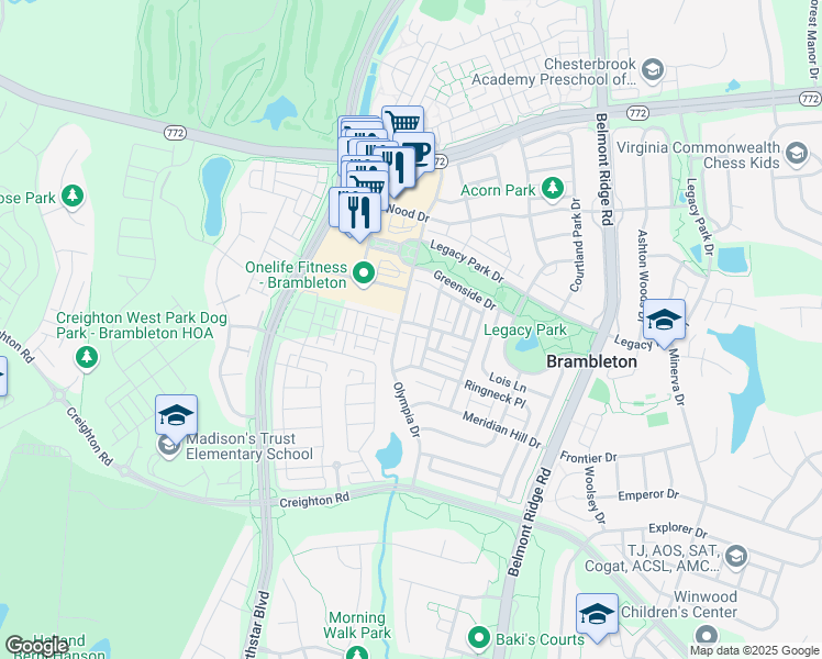 map of restaurants, bars, coffee shops, grocery stores, and more near 42419 Redstone Terrace in Ashburn