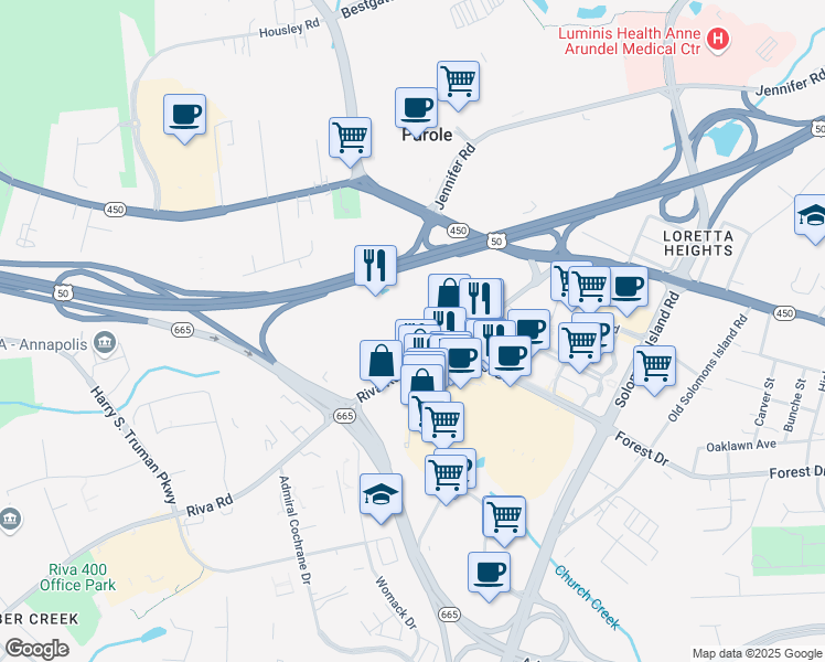 map of restaurants, bars, coffee shops, grocery stores, and more near 2510 Riva Road in Annapolis