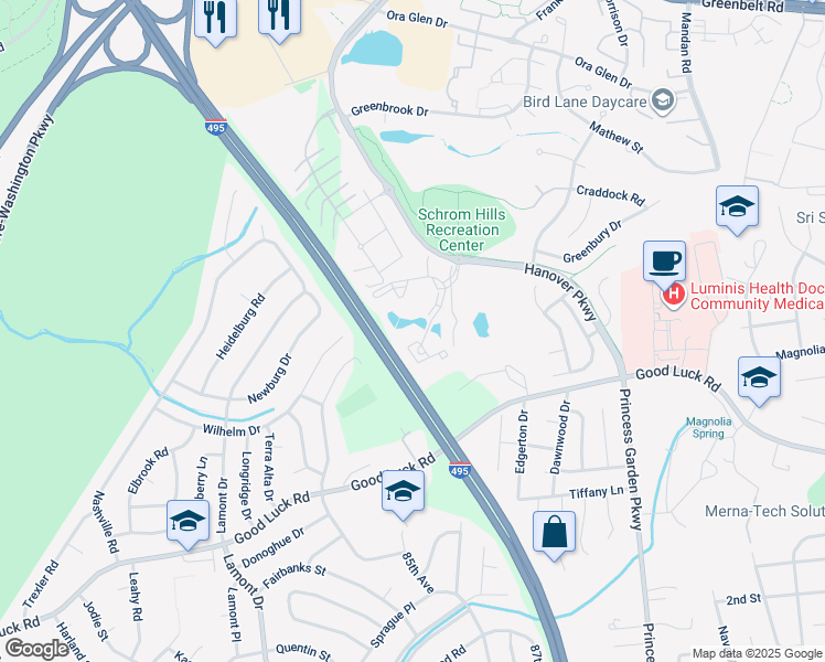 map of restaurants, bars, coffee shops, grocery stores, and more near 6522 Lake Park Drive in Greenbelt