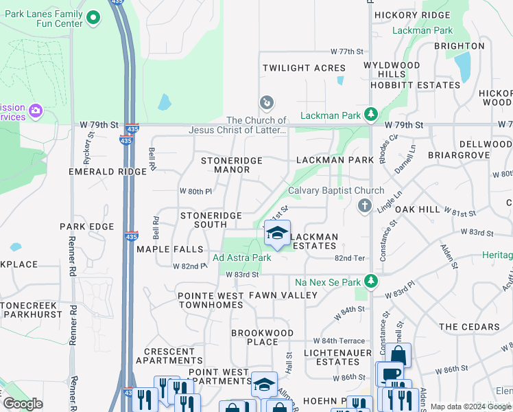 map of restaurants, bars, coffee shops, grocery stores, and more near 8054 Hall Street in Lenexa