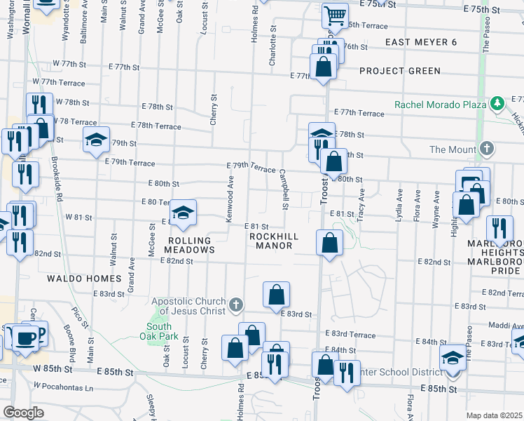 map of restaurants, bars, coffee shops, grocery stores, and more near 8022 Charlotte Street in Kansas City