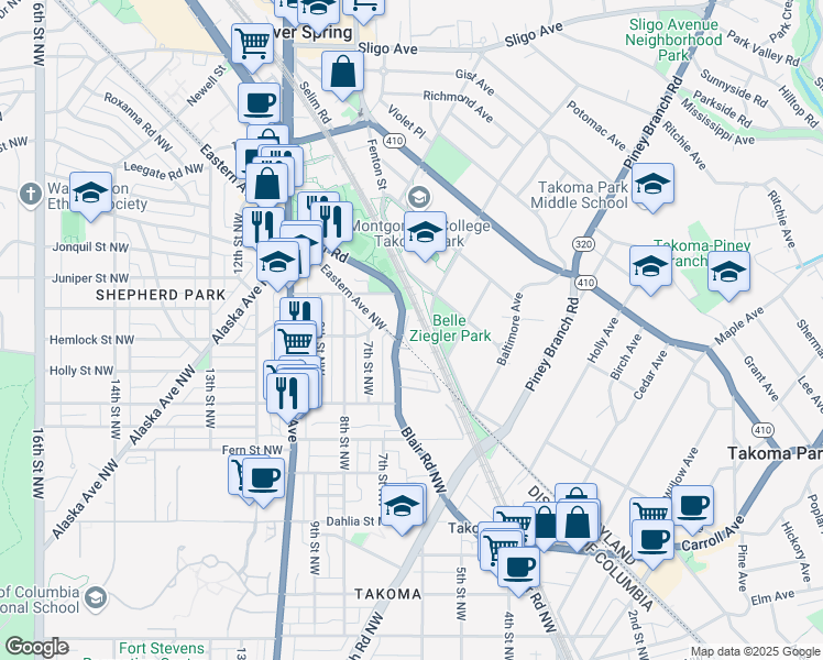 map of restaurants, bars, coffee shops, grocery stores, and more near 7521 Blair Road in Silver Spring