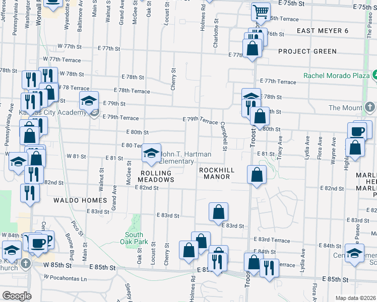 map of restaurants, bars, coffee shops, grocery stores, and more near 8024 Holmes Road in Kansas City