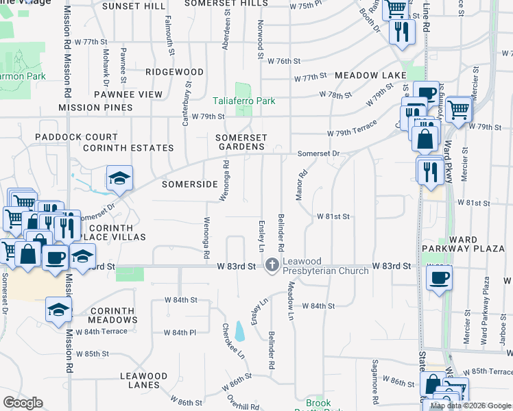 map of restaurants, bars, coffee shops, grocery stores, and more near 8024 Ensley Lane in Leawood
