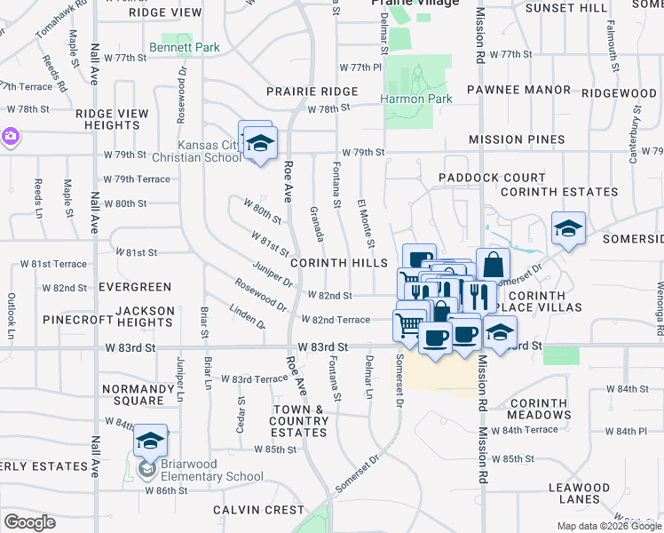 map of restaurants, bars, coffee shops, grocery stores, and more near 8104 Granada in Prairie Village