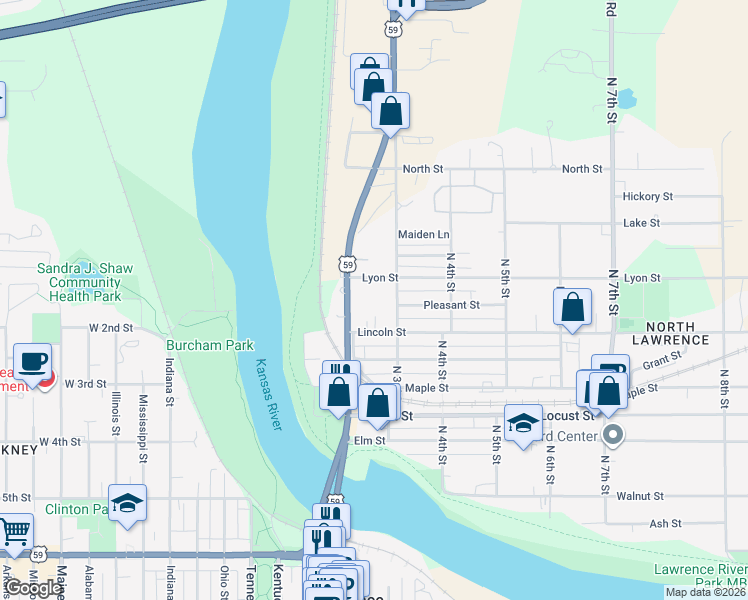 map of restaurants, bars, coffee shops, grocery stores, and more near 645 North 3rd Street in Lawrence