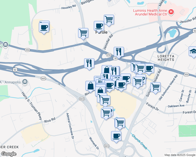 map of restaurants, bars, coffee shops, grocery stores, and more near 2510 Riva Road in Annapolis