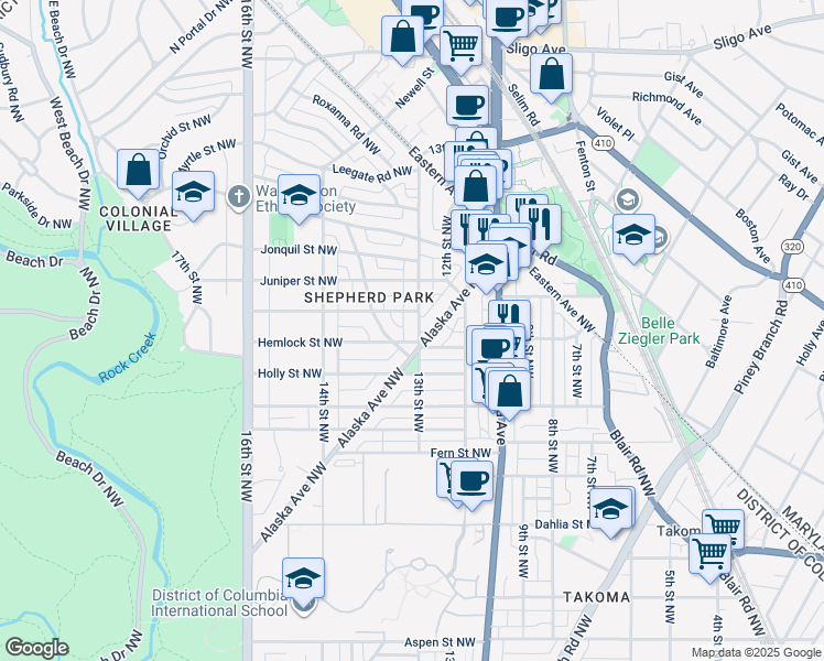 map of restaurants, bars, coffee shops, grocery stores, and more near 7534 13th Street Northwest in Washington
