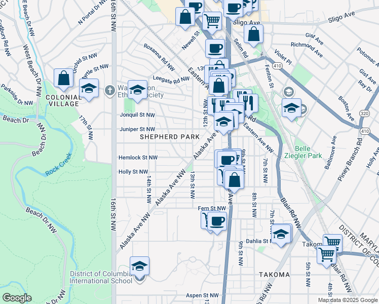 map of restaurants, bars, coffee shops, grocery stores, and more near 7534 13th Street Northwest in Washington
