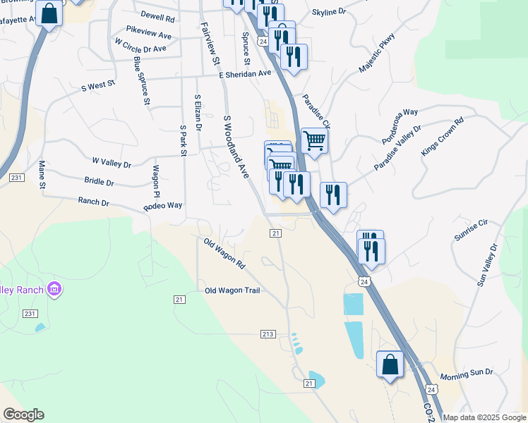 map of restaurants, bars, coffee shops, grocery stores, and more near 1200 South Woodland Avenue in Woodland Park