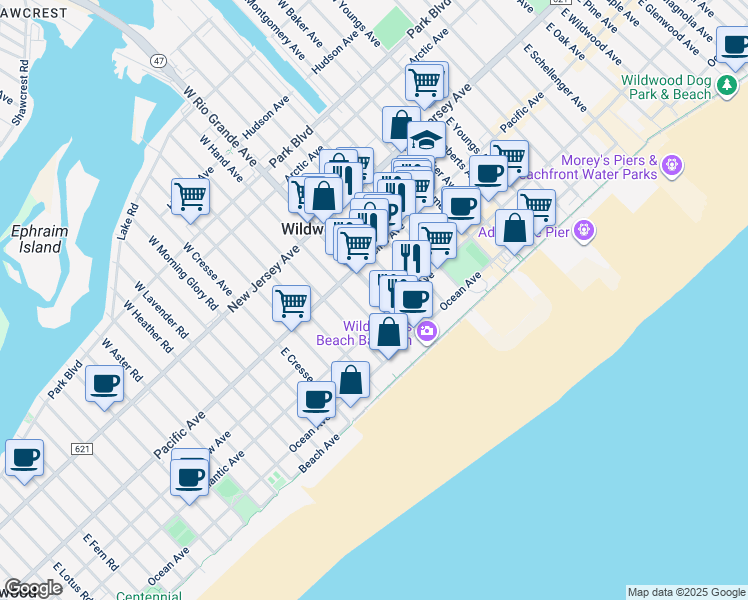 map of restaurants, bars, coffee shops, grocery stores, and more near 244 East Taylor Avenue in Wildwood