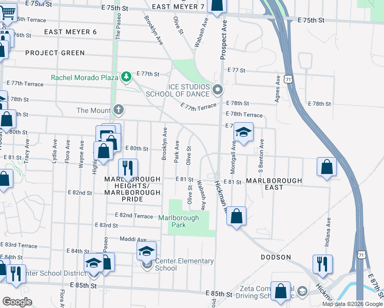 map of restaurants, bars, coffee shops, grocery stores, and more near 7941 Olive Street in Kansas City