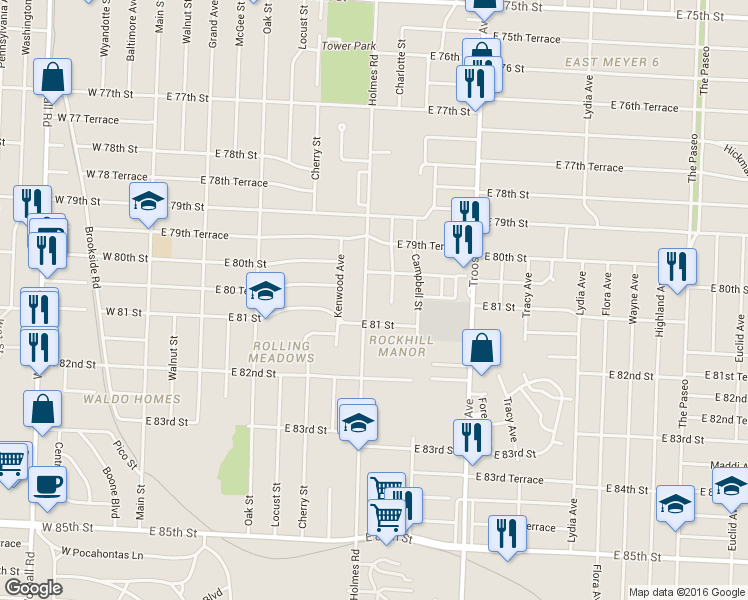 map of restaurants, bars, coffee shops, grocery stores, and more near 8024 Holmes Road in Kansas City