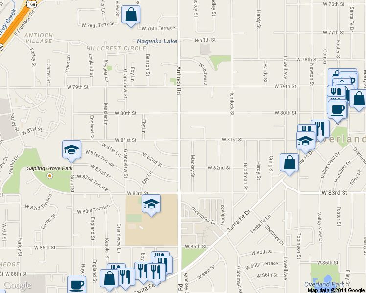 map of restaurants, bars, coffee shops, grocery stores, and more near 8101 Antioch Road in Overland Park