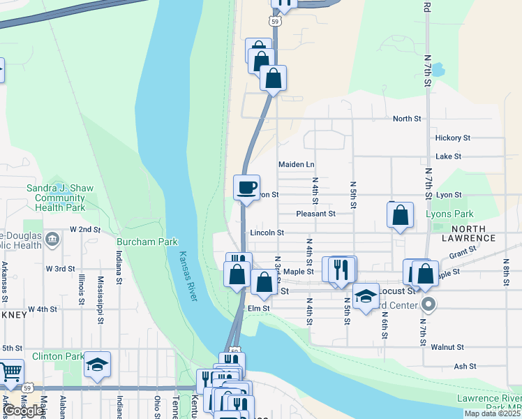 map of restaurants, bars, coffee shops, grocery stores, and more near 645 North 3rd Street in Lawrence