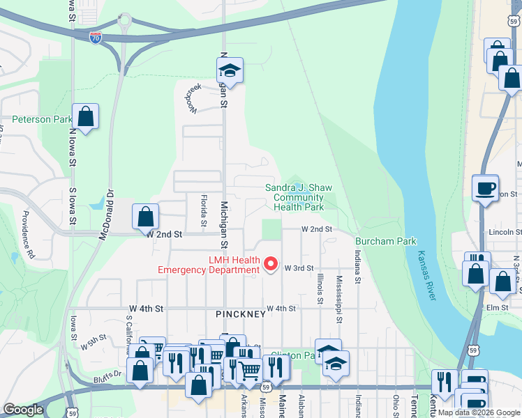 map of restaurants, bars, coffee shops, grocery stores, and more near 9 Arkansas Street in Lawrence