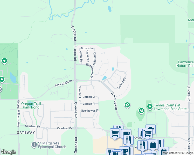 map of restaurants, bars, coffee shops, grocery stores, and more near 5101 Parker Court in Lawrence