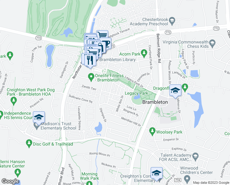 map of restaurants, bars, coffee shops, grocery stores, and more near 42450 Redstone Terrace in Ashburn