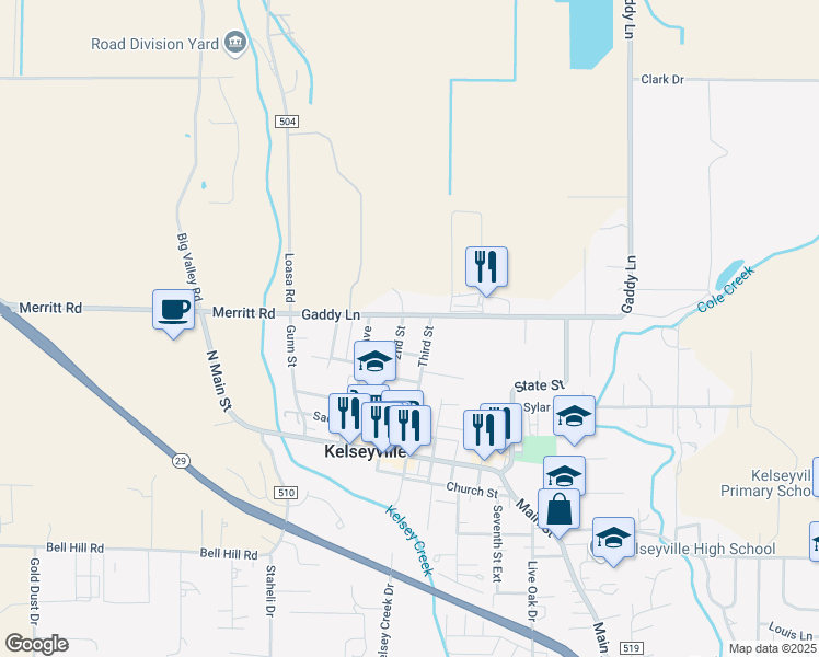 map of restaurants, bars, coffee shops, grocery stores, and more near 5026 2nd Street in Kelseyville