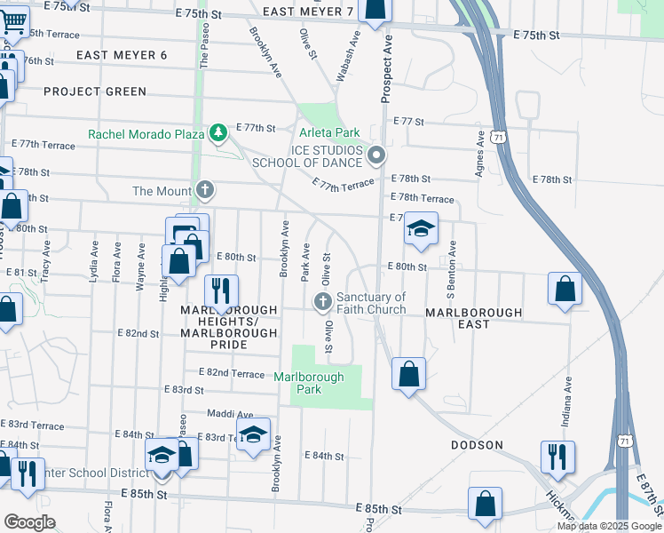 map of restaurants, bars, coffee shops, grocery stores, and more near 7941 Olive Street in Kansas City