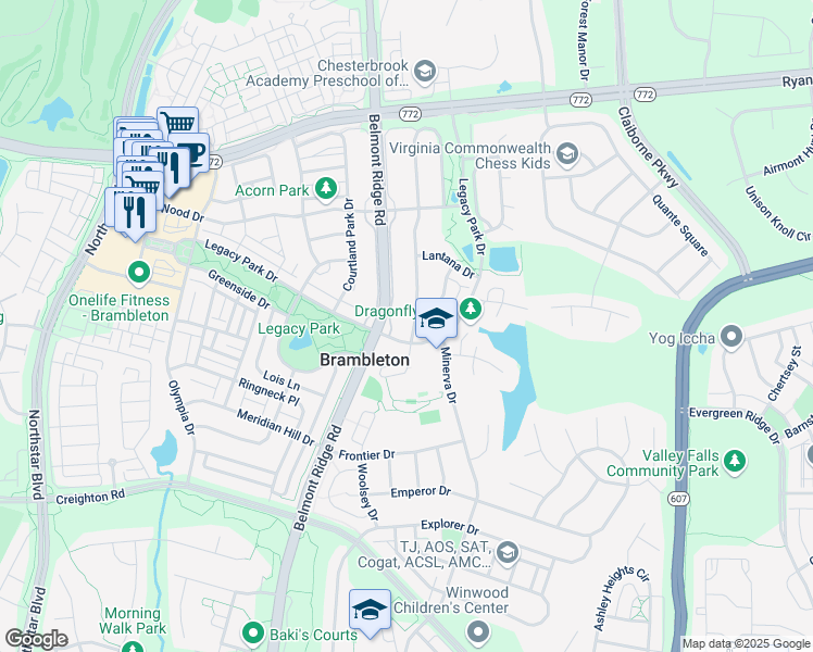 map of restaurants, bars, coffee shops, grocery stores, and more near 22909 Ashton Woods Drive in Ashburn