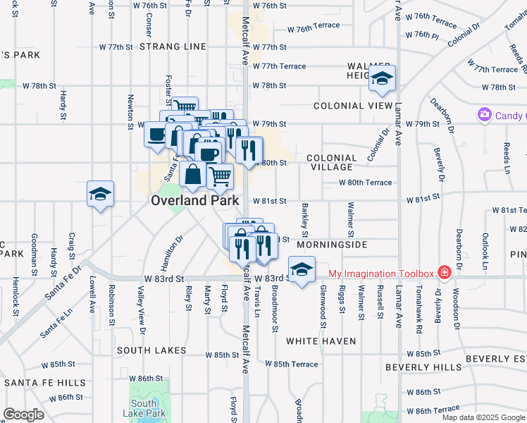 map of restaurants, bars, coffee shops, grocery stores, and more near 6921 West 81st Street in Overland Park