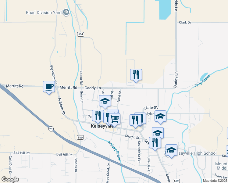 map of restaurants, bars, coffee shops, grocery stores, and more near 5026 2nd Street in Kelseyville