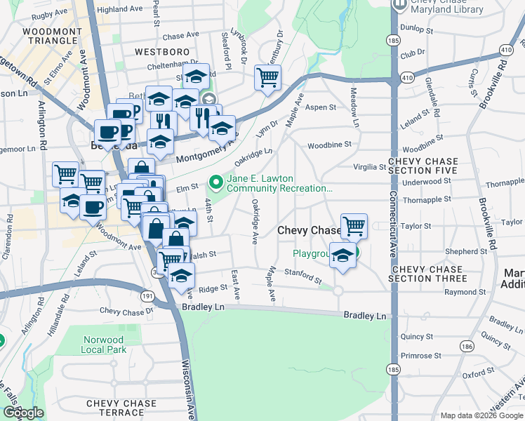 map of restaurants, bars, coffee shops, grocery stores, and more near 7203 Oakridge Avenue in Chevy Chase
