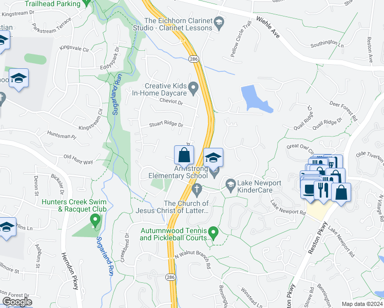 map of restaurants, bars, coffee shops, grocery stores, and more near 1515 Stuart Road in Reston