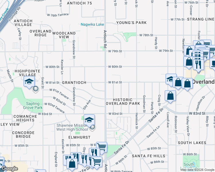 map of restaurants, bars, coffee shops, grocery stores, and more near 8107 Antioch Road in Overland Park