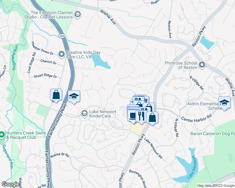 map of restaurants, bars, coffee shops, grocery stores, and more near 11768 Great Owl Circle in Reston