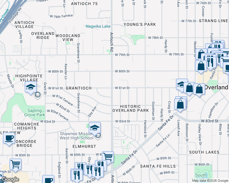 map of restaurants, bars, coffee shops, grocery stores, and more near 8101 Antioch Road in Overland Park