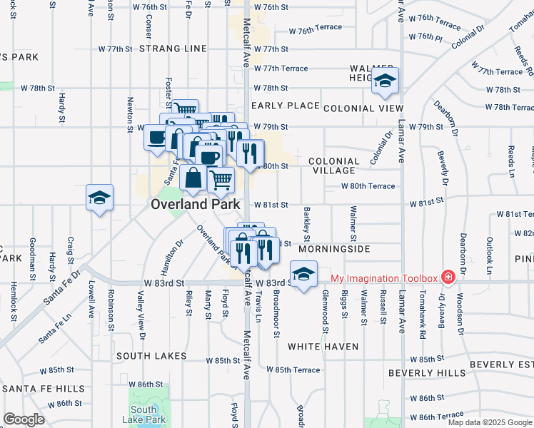 map of restaurants, bars, coffee shops, grocery stores, and more near 6921 West 81st Street in Overland Park