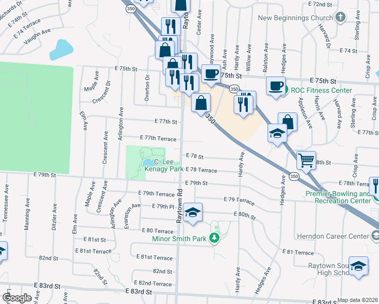 map of restaurants, bars, coffee shops, grocery stores, and more near 10002 East 78 Street in Raytown