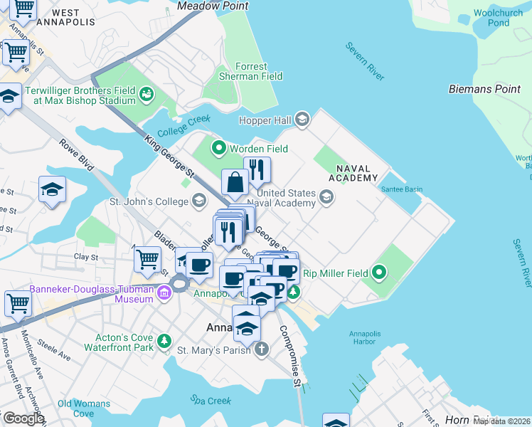 map of restaurants, bars, coffee shops, grocery stores, and more near 3 Maryland Avenue in Annapolis