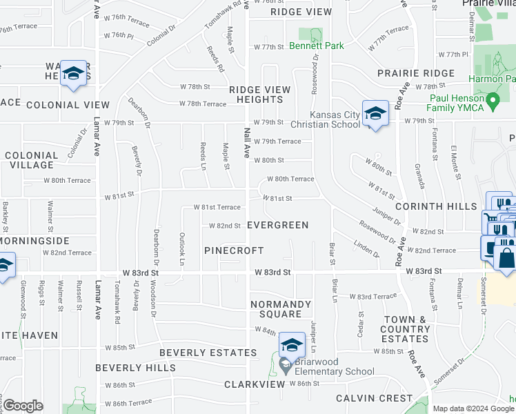 map of restaurants, bars, coffee shops, grocery stores, and more near 8109 Nall Avenue in Prairie Village