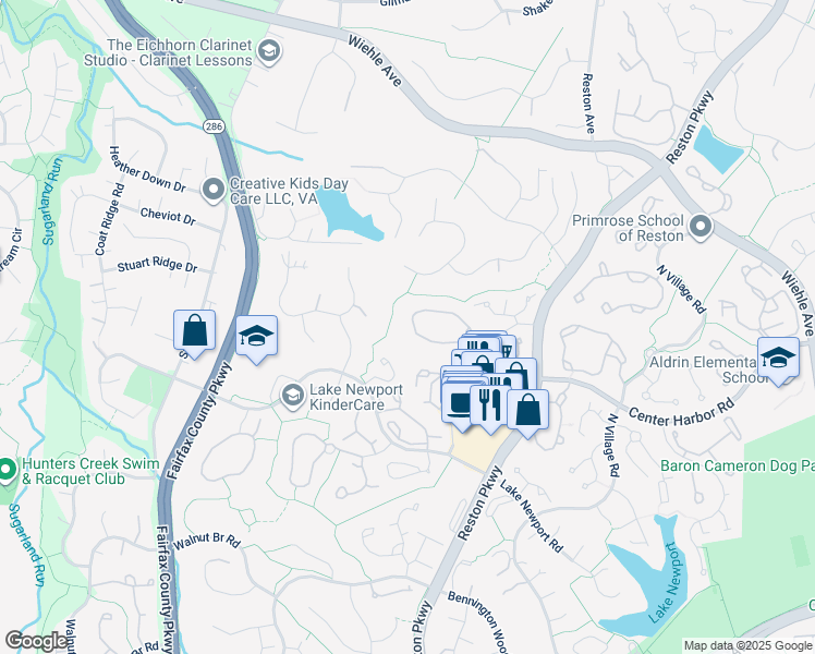 map of restaurants, bars, coffee shops, grocery stores, and more near 11768 Great Owl Circle in Reston