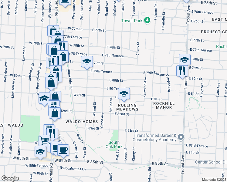 map of restaurants, bars, coffee shops, grocery stores, and more near 211 East 80 Terrace in Kansas City