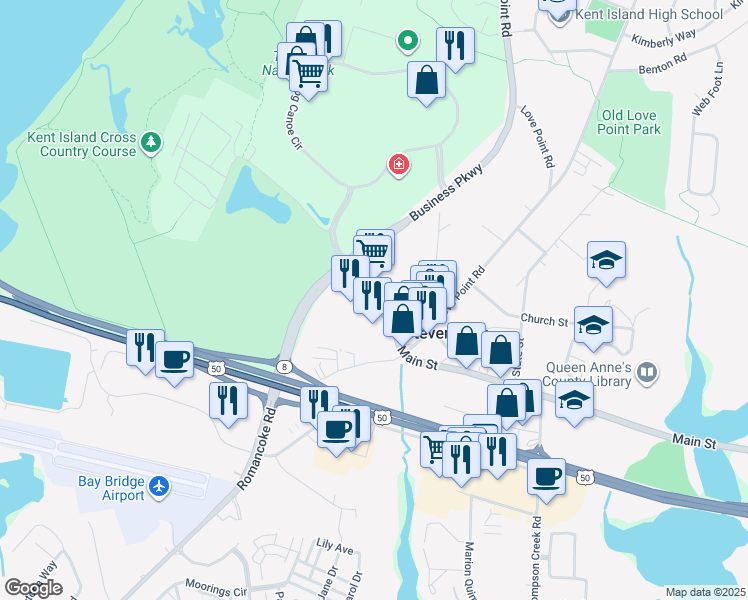 map of restaurants, bars, coffee shops, grocery stores, and more near 201 Main Street in Stevensville