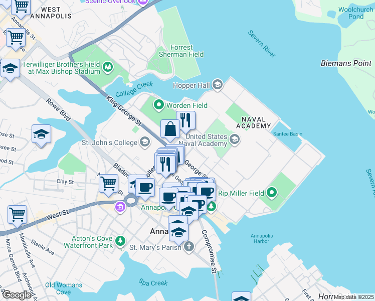 map of restaurants, bars, coffee shops, grocery stores, and more near 8 Maryland Avenue in Annapolis